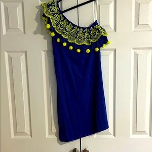 Lilly Pulitzer Royal Blue One-Shoulder Dress with Neon Yellow Trim